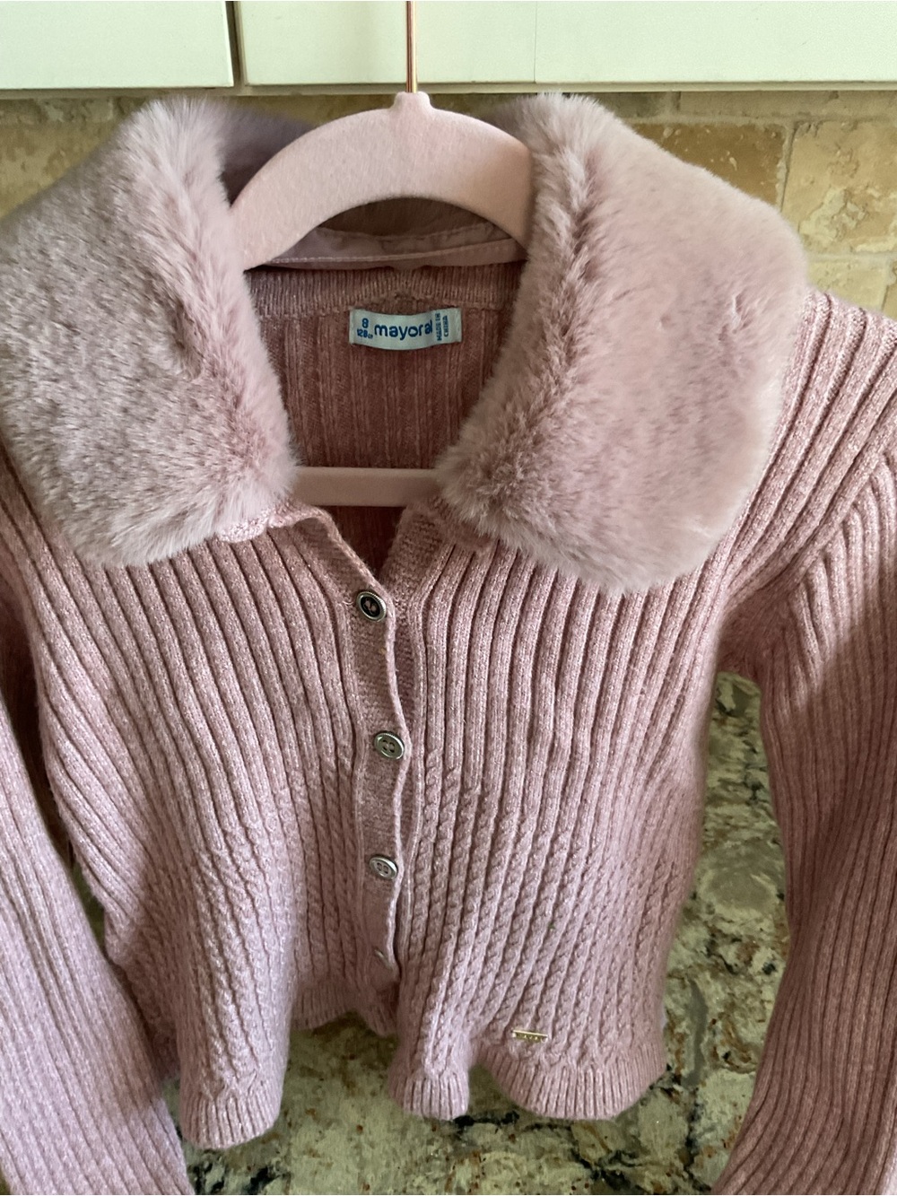 Mayoral Pink Ribbed Cardigan with Faux-Fur Collar Detachable size 8